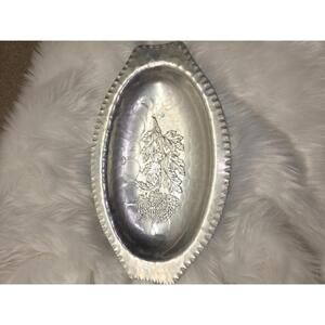 Vintage Hammered Metal Decorative Oval Tray with Floral Design